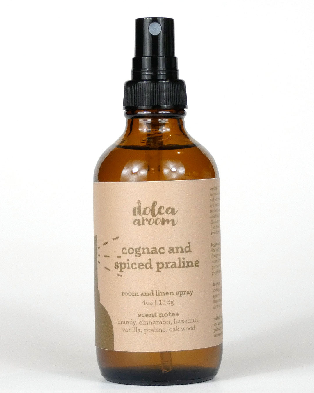 dolca aroom 4oz room and linen spray, cognac and spiced praline scent