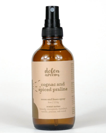 dolca aroom 4oz room and linen spray, cognac and spiced praline scent