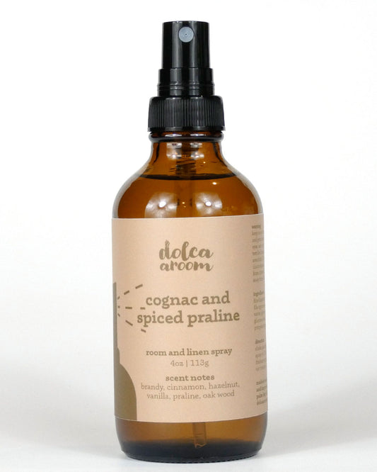 dolca aroom 4oz room and linen spray, cognac and spiced praline scent