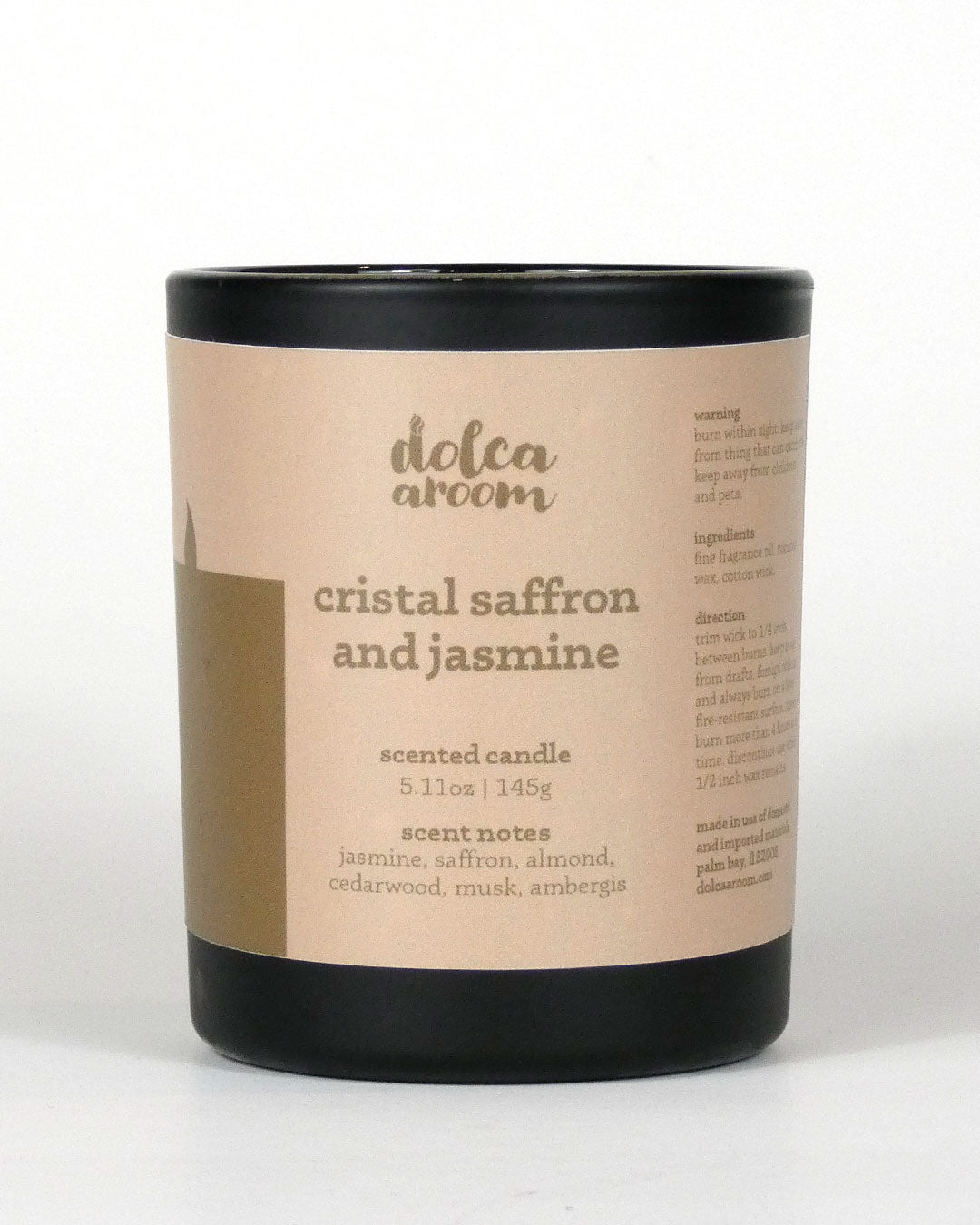 dolca aroom 5.11oz scented candle, cristal saffron and jasmine scent