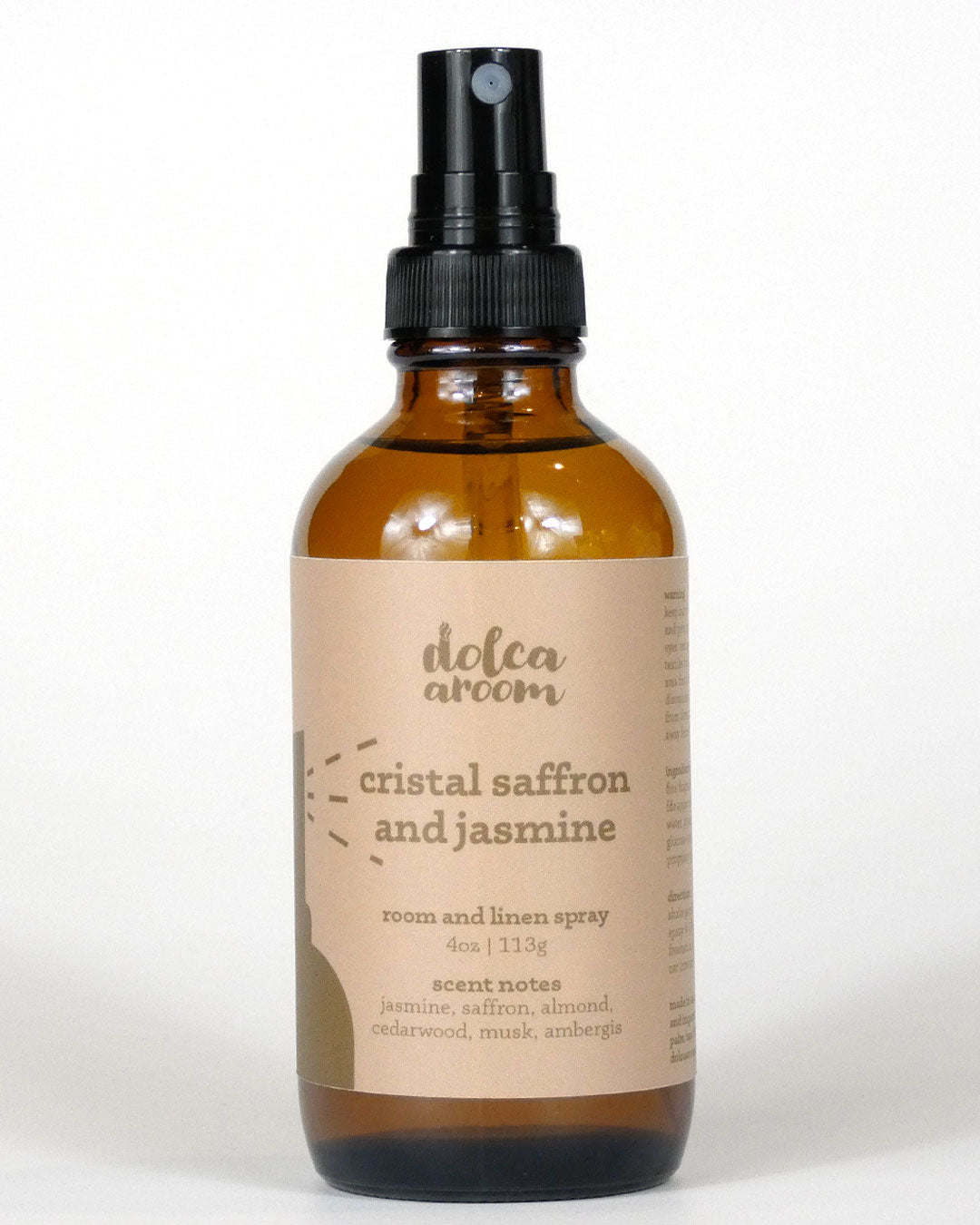 dolca aroom 4oz room and linen spray, cristal saffron and jasmine scent